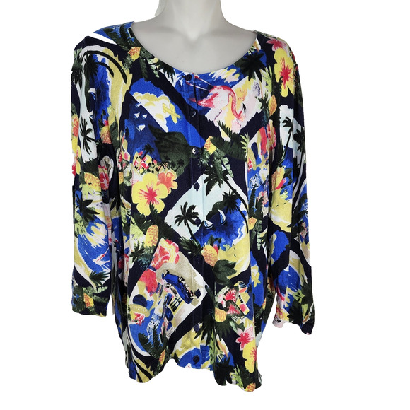 Talbots Womens Cardigan Sweater 0X Tropical Palm Flamingo Button Stretch Knit - Picture 1 of 9